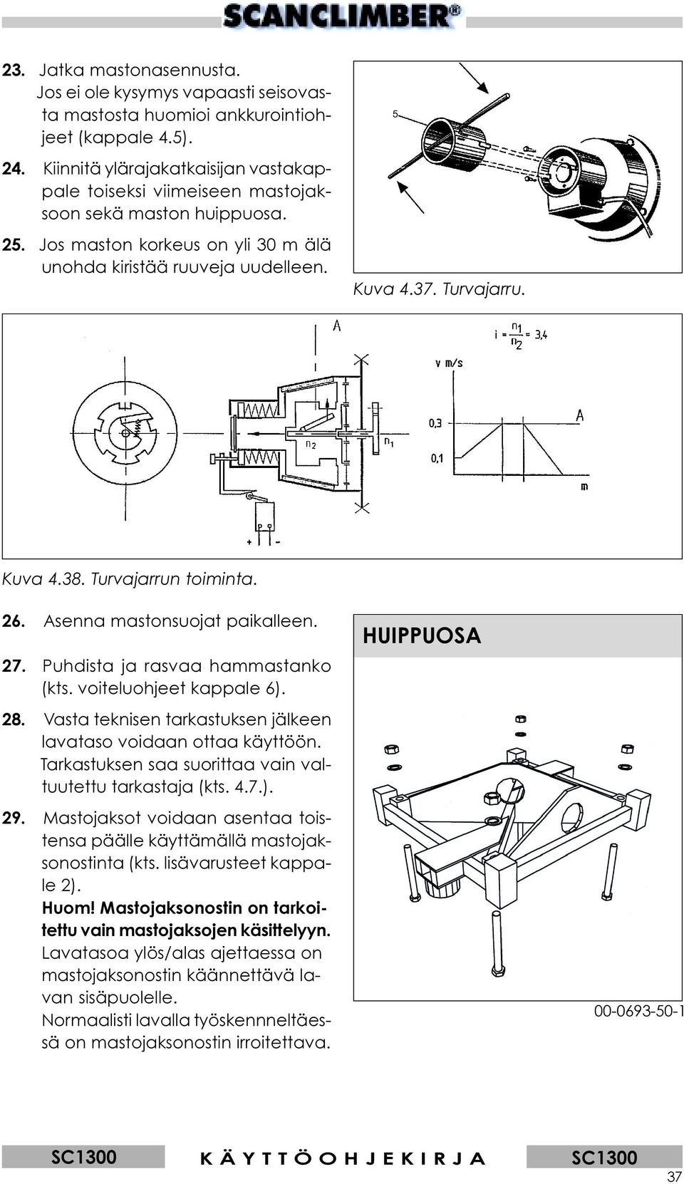 Kuva 4.38. Turvajarrun toiminta. 26. Asenna mastonsuojat paikalleen. 27. Puhdista ja rasvaa hammastanko (kts. voiteluohjeet kappale 6). 28.