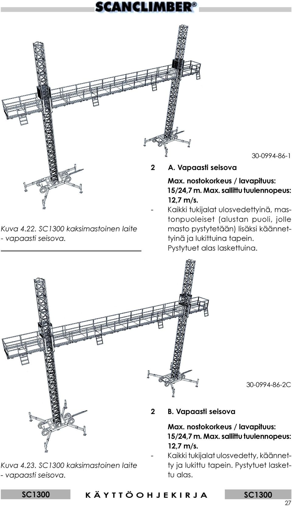 Pystytuet alas laskettuina. 30-0994-86-2C 2 B. Vapaasti seisova Kuva 4.23. kaksimastoinen laite - vapaasti seisova. Max.