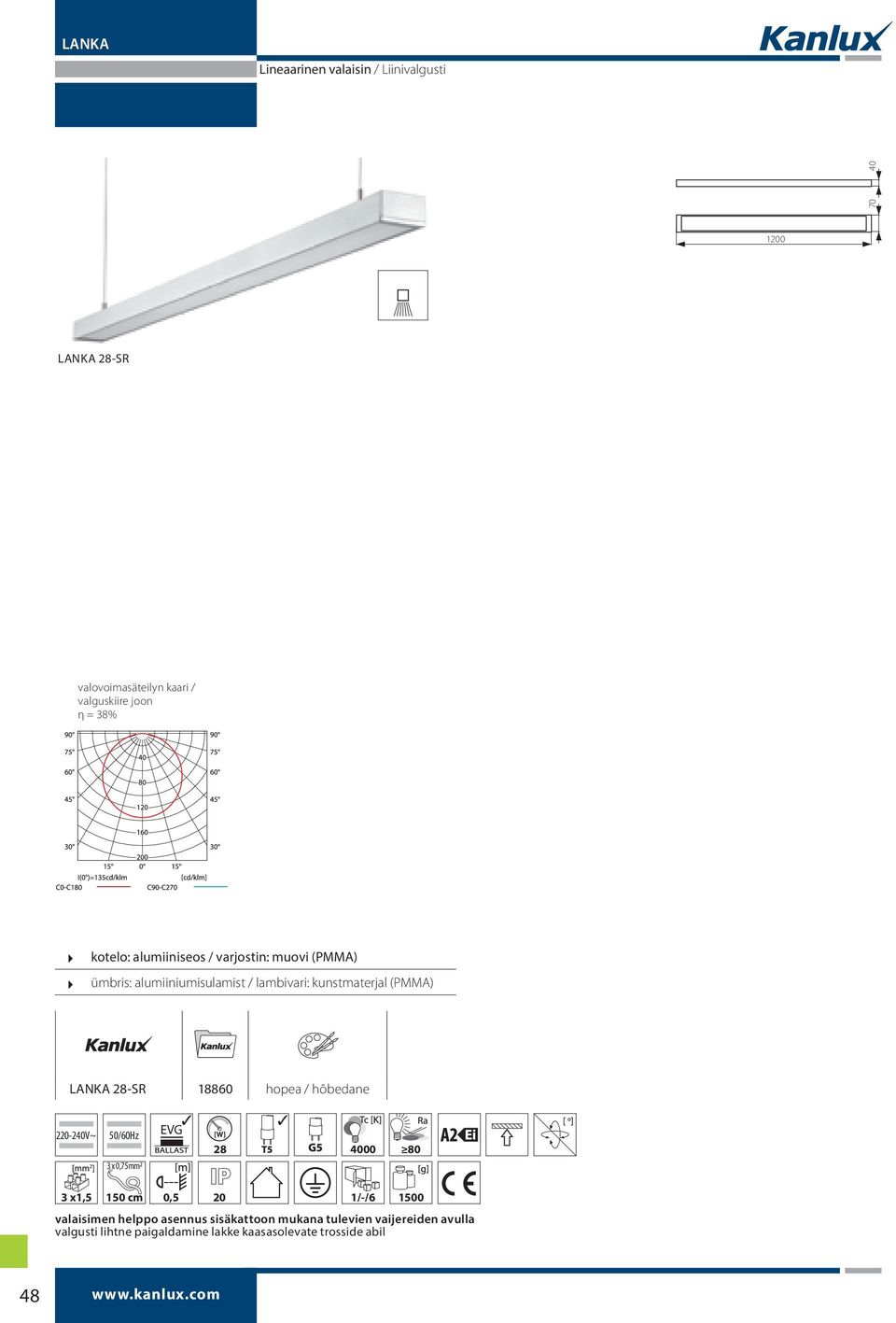 hopea / hõbedane EVG 3 x1,5 3 x 0,75mm2 150 cm 28 4000 80 0,5 20 1/-/6 1500 valaisimen helppo asennus