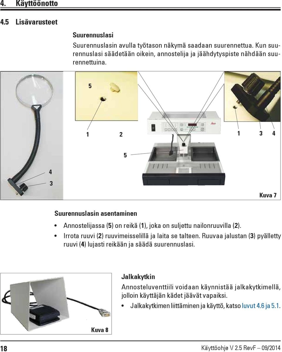5 1 2 1 3 4 5 4 3 Kuva 7 Suurennuslasin asentaminen Annostelijassa (5) on reikä (1), joka on suljettu nailonruuvilla (2).