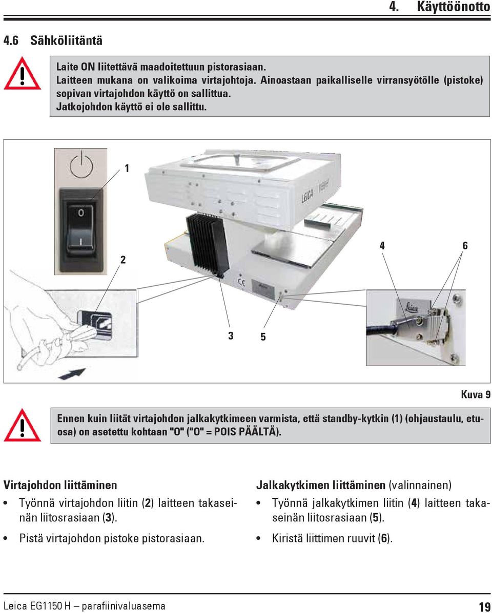 1 2 4 6 3 5 Kuva 9 Ennen kuin liität virtajohdon jalkakytkimeen varmista, että standby-kytkin (1) (ohjaustaulu, etuosa) on asetettu kohtaan "O" ("O" = POIS PÄÄLTÄ).