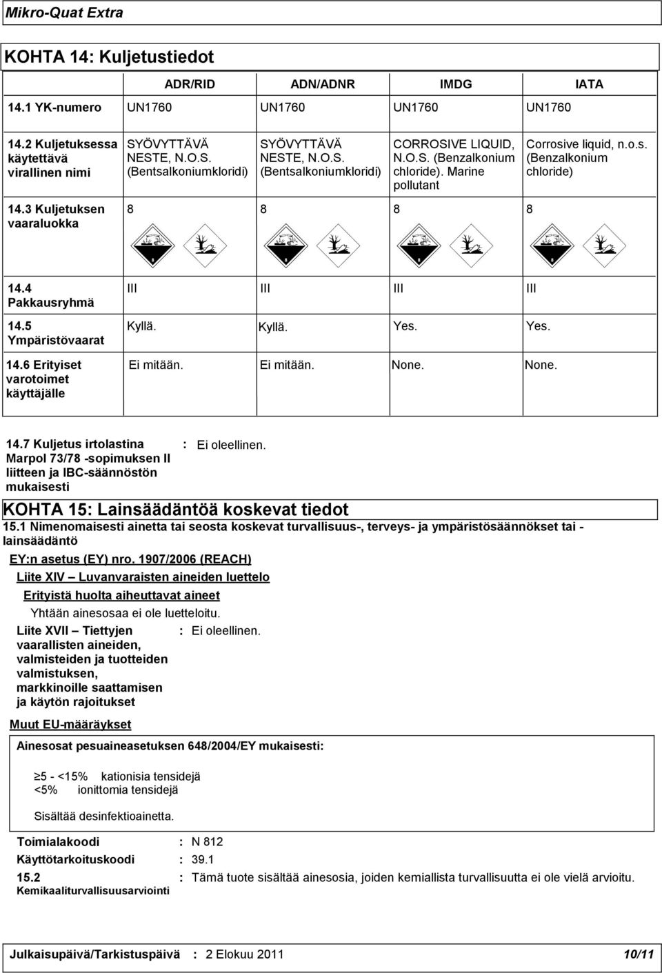 4 Pakkausryhmä 14.5 Ympäristövaarat 14.6 Erityiset varotoimet käyttäjälle III III III III Kyllä. Yes. Yes. Kyllä. Ei mitään. Ei mitään. None. None. 14.7 Kuljetus irtolastina Marpol 73/78 -sopimuksen II liitteen ja IBC-säännöstön mukaisesti KOHTA 15: Lainsäädäntöä koskevat tiedot 15.