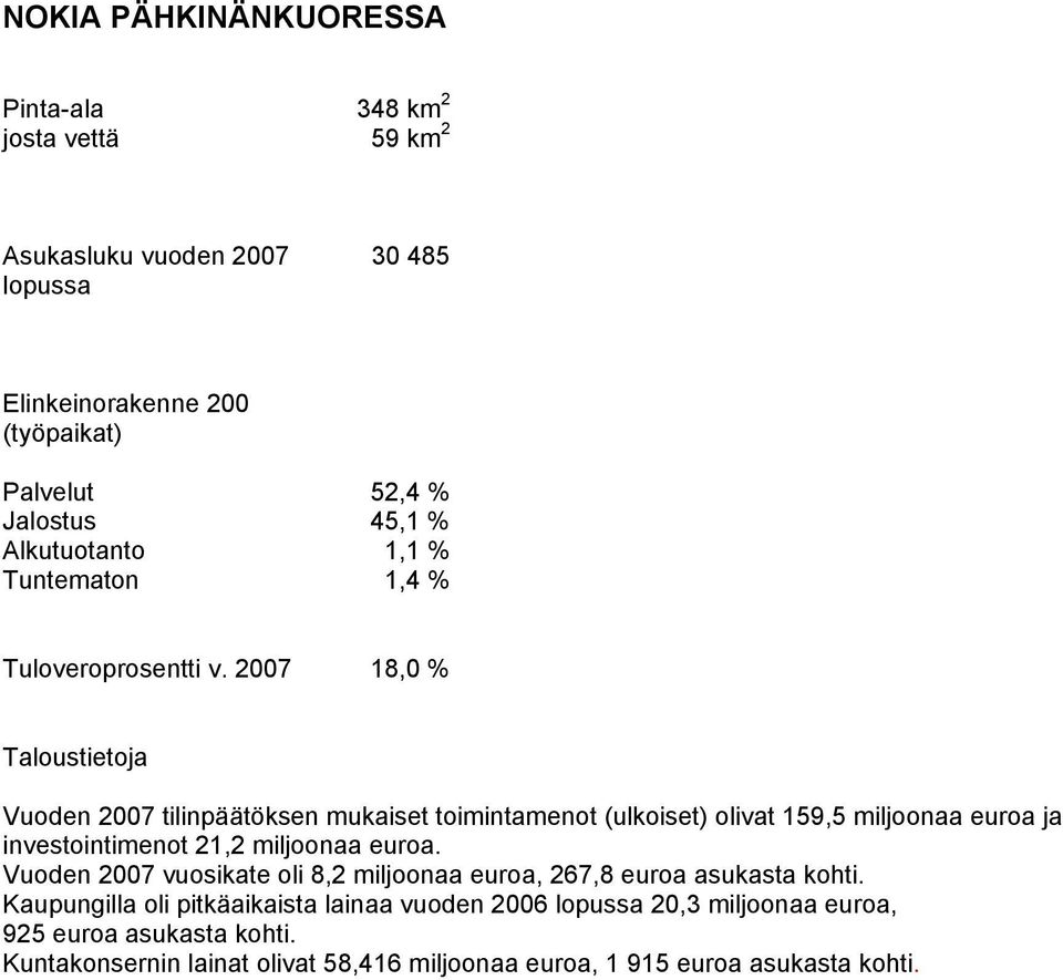 2007 18,0 % Taloustietoja Vuoden 2007 tilinpäätöksen mukaiset toimintamenot (ulkoiset) olivat 159,5 miljoonaa euroa ja investointimenot 21,2 miljoonaa euroa.