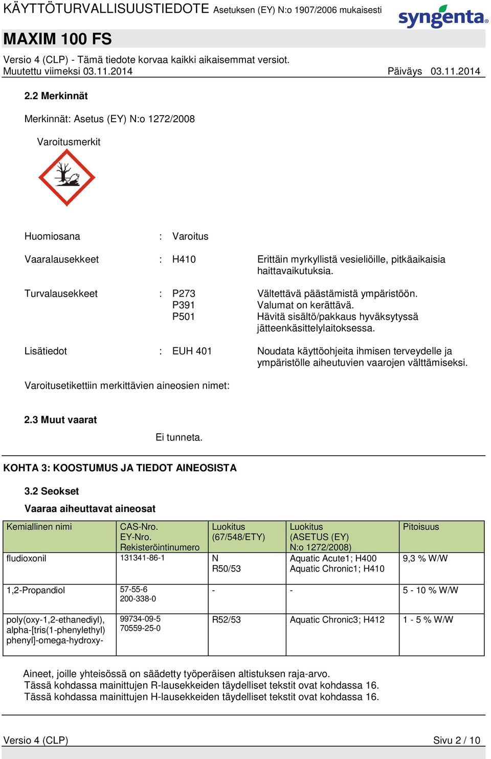 Lisätiedot : EUH 401 Noudata käyttöohjeita ihmisen terveydelle ja ympäristölle aiheutuvien vaarojen välttämiseksi. Varoitusetikettiin merkittävien aineosien nimet: 2.3 Muut vaarat Ei tunneta.