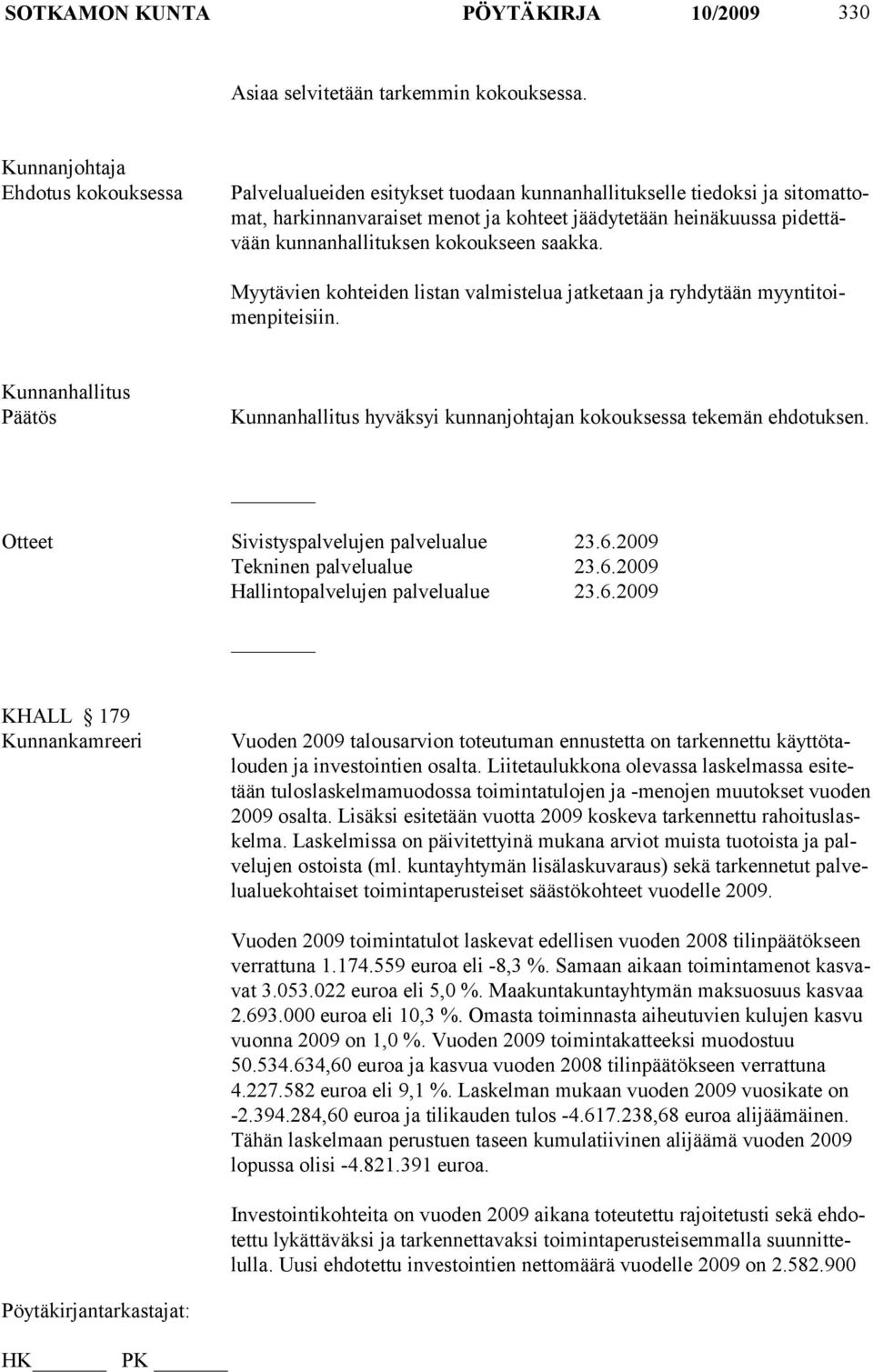 kunnanhallituksen kokoukseen saakka. Myytävien kohteiden listan valmistelua jatketaan ja ryhdytään myyntitoimenpiteisiin. hyväksyi kunnanjohtajan kokouksessa tekemän ehdotuksen.