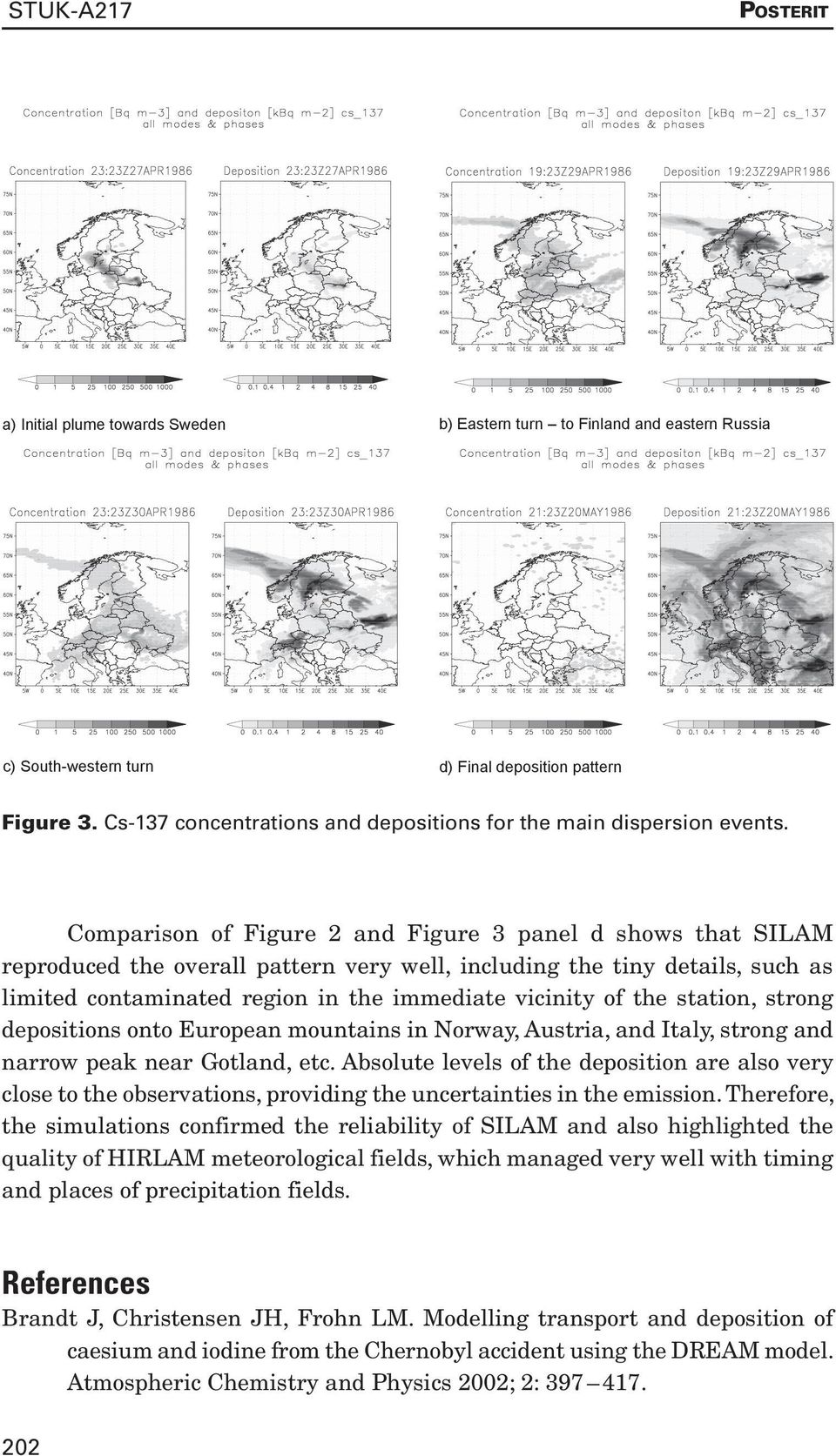 Comparison of Figure 2 and Figure 3 panel d shows that SILAM reproduced the overall pattern very well, including the tiny details, such as limited contaminated region in the immediate vicinity of the