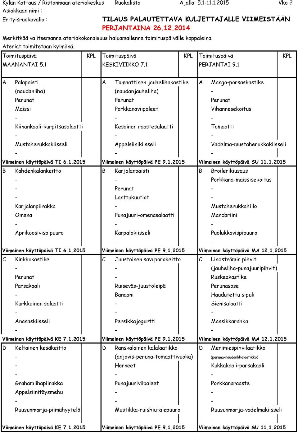 Kesäinen raastesalaatti Tomaatti Mustaherukkakiisseli Appelsiinikiisseli Vadelma-mustaherukkakiisseli Viimeinen käyttöpäivä TI 6.1.