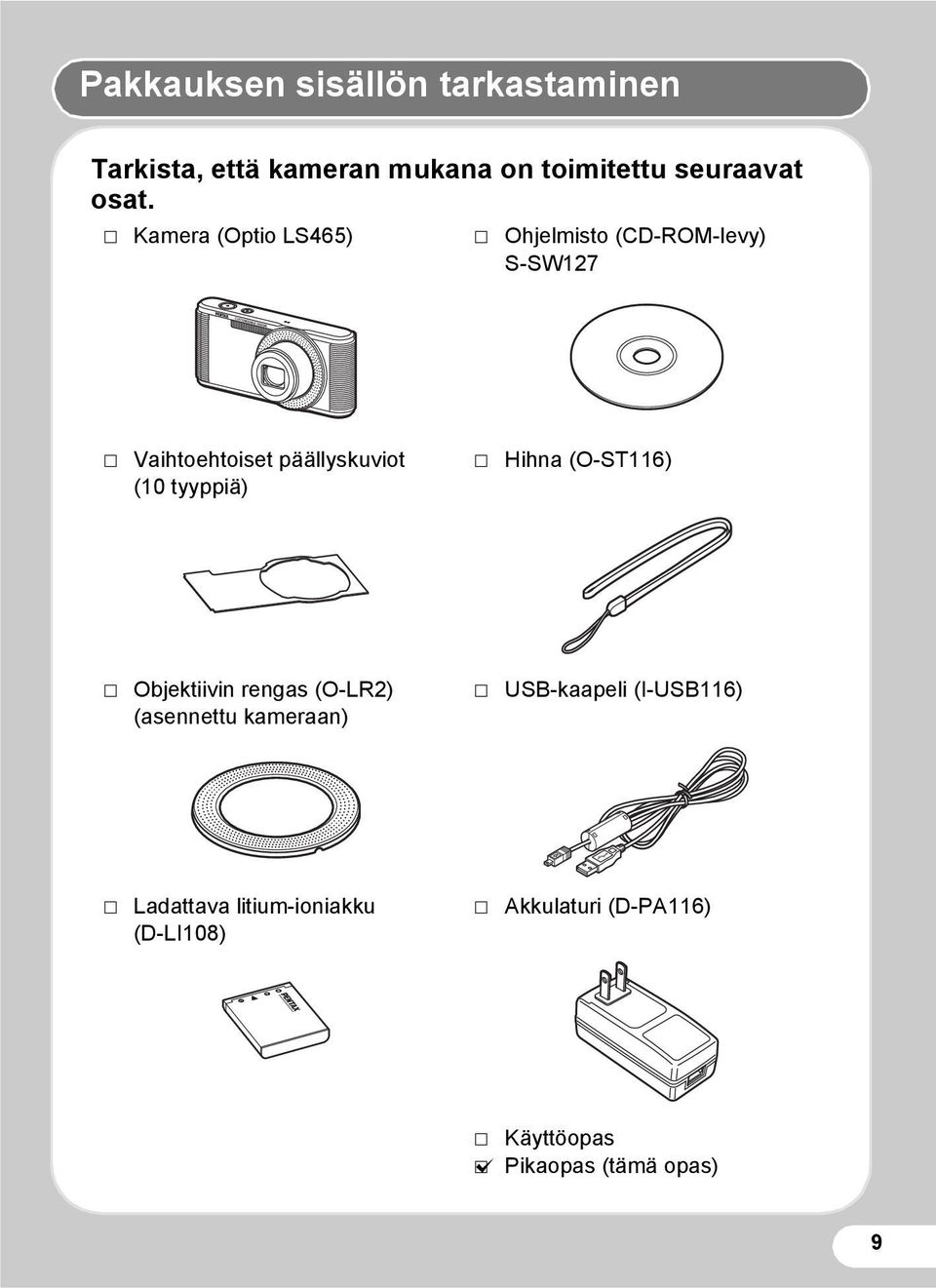 tyyppiä) P Hihna (O-ST116) P Objektiivin rengas (O-LR2) (asennettu kameraan) P USB-kaapeli