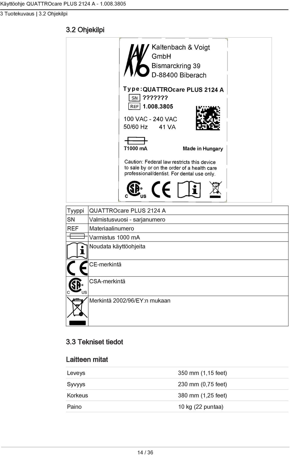 Materiaalinumero Varmistus 1000 ma Noudata käyttöohjeita CE-merkintä CSA-merkintä Merkintä