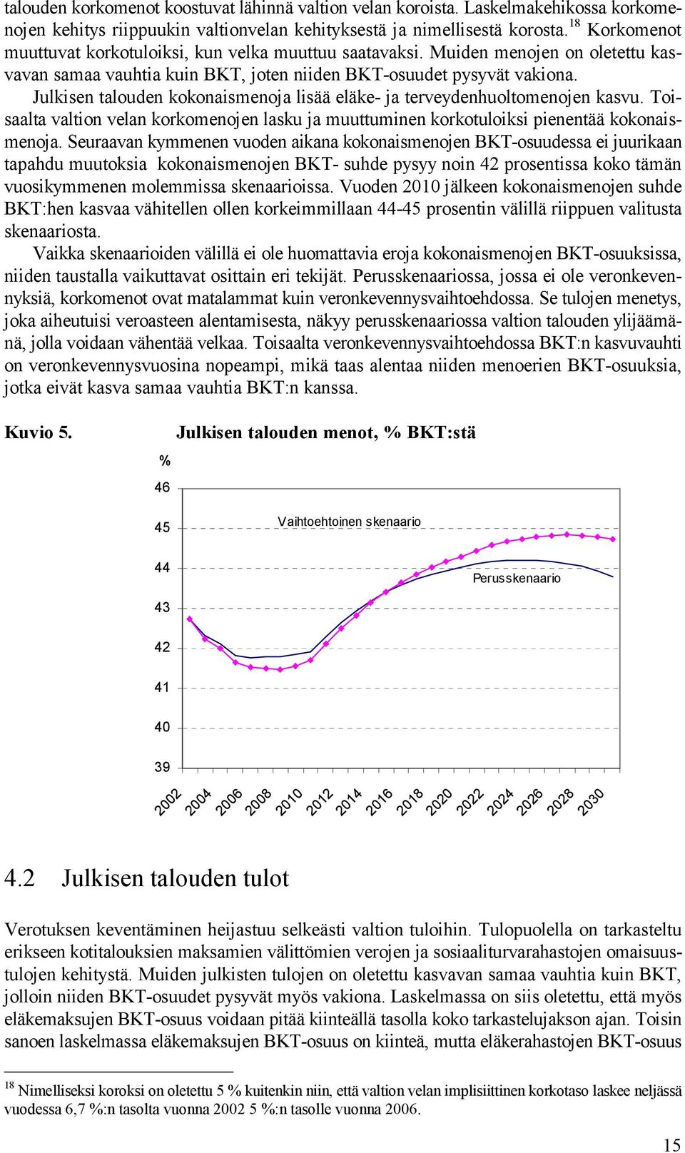 Julkisen talouden kokonaismenoja lisää eläke- ja terveydenhuoltomenojen kasvu. Toisaalta valtion velan korkomenojen lasku ja muuttuminen korkotuloiksi pienentää kokonaismenoja.