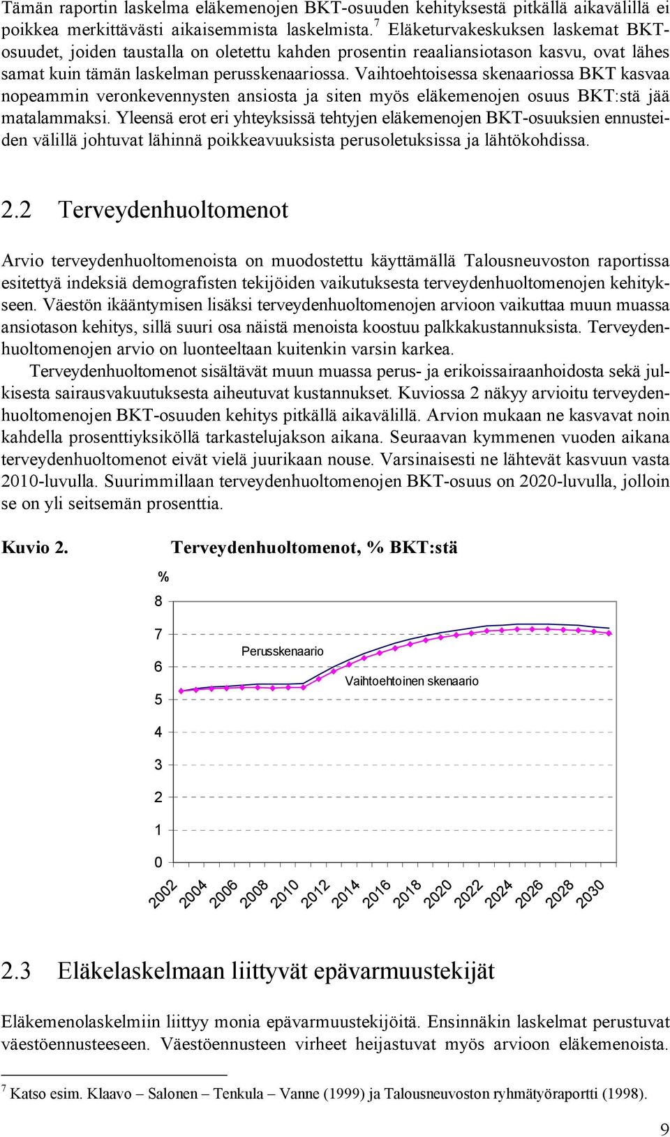 Vaihtoehtoisessa skenaariossa BKT kasvaa nopeammin veronkevennysten ansiosta ja siten myös eläkemenojen osuus BKT:stä jää matalammaksi.
