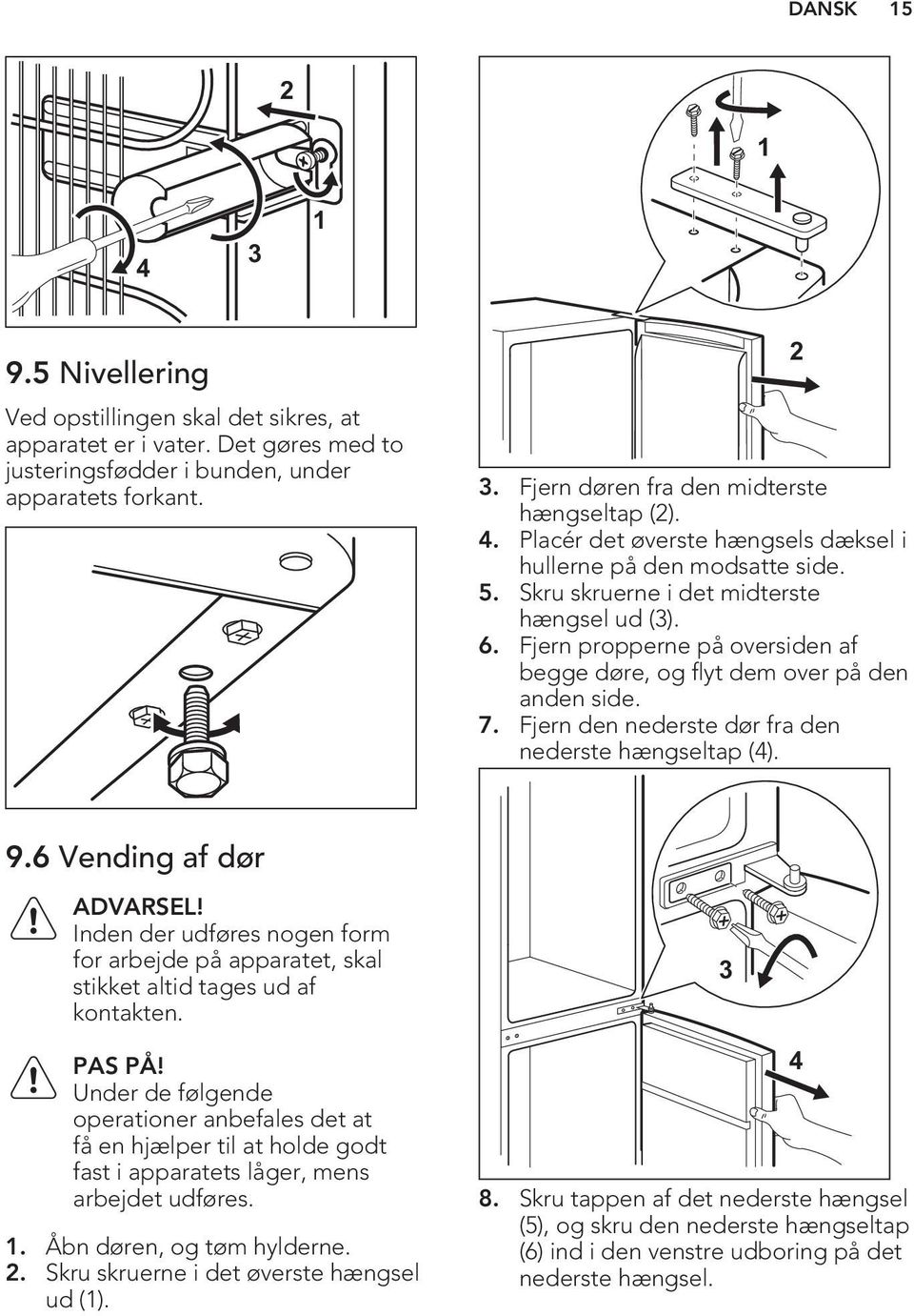 Fjern propperne på oversiden af begge døre, og flyt dem over på den anden side. 7. Fjern den nederste dør fra den nederste hængseltap (4). 2 9.6 Vending af dør ADVARSEL!