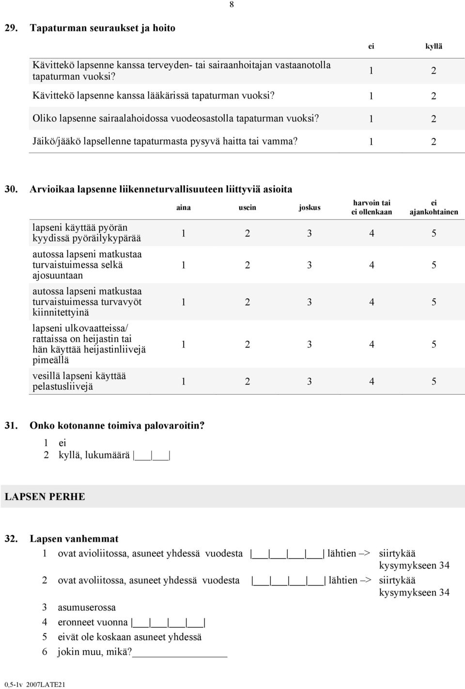 Arvioikaa lapsenne liikenneturvallisuuteen liittyviä asioita lapseni käyttää pyörän kyydissä pyöräilykypärää autossa lapseni matkustaa turvaistuimessa selkä ajosuuntaan autossa lapseni matkustaa