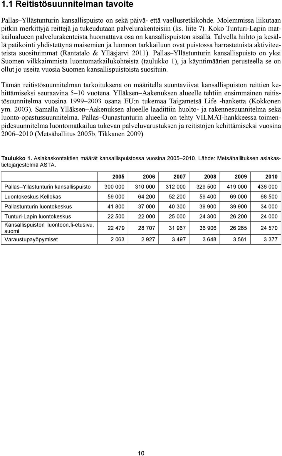 Talvella hiihto ja kesällä patikointi yhdistettynä maisemien ja luonnon tarkkailuun ovat puistossa harrastetuista aktiviteeteista suosituimmat (Rantatalo & Ylläsjärvi 2011).