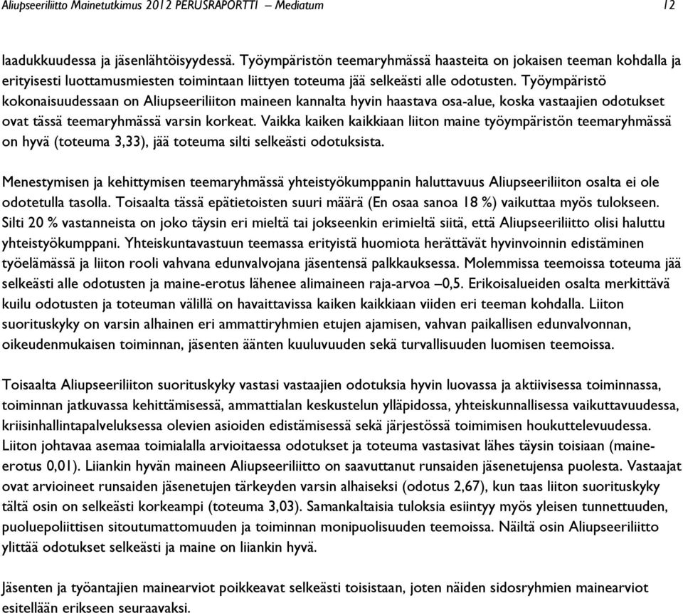 Työympäristö kokonaisuudessaan on Aliupseeriliiton maineen kannalta hyvin haastava osa-alue, koska vastaajien odotukset ovat tässä teemaryhmässä varsin korkeat.