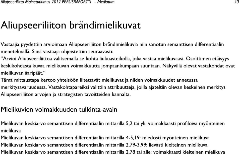 Osoittimen etäisyys keskikohdasta kuvaa mielikuvan voimakkuutta jompaankumpaan suuntaan. Näkyvillä olevat vastakohdat ovat mielikuvan ääripäät.