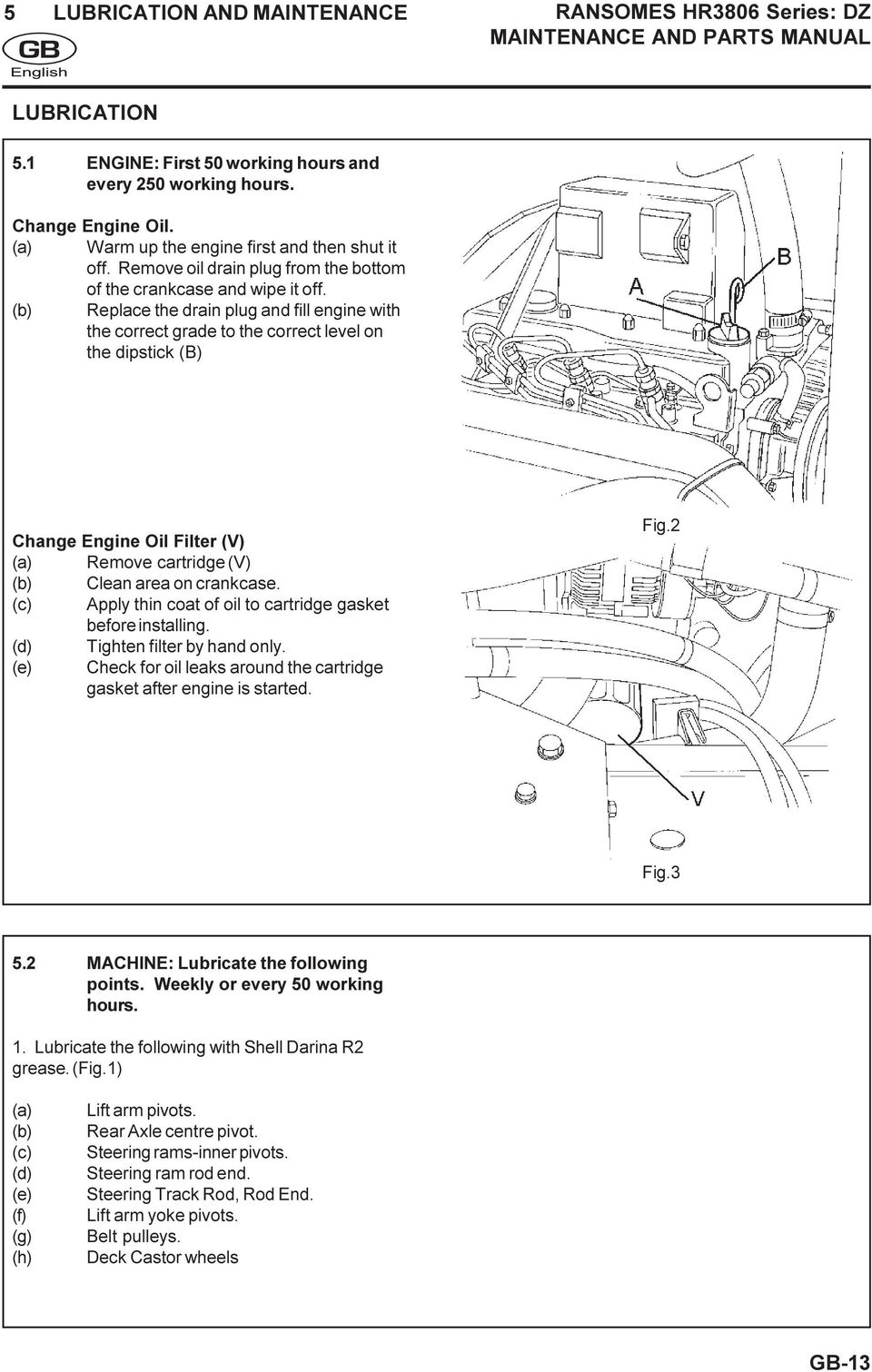 (b) Replace the drain plug and fill engine with the correct grade to the correct level on the dipstick (B) Change Engine Oil Filter (V) (a) Remove cartridge (V) (b) Clean area on crankcase.