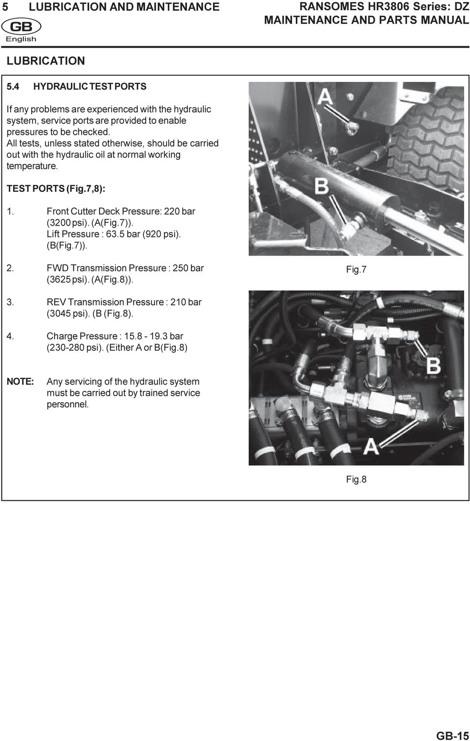 All tests, unless stated otherwise, should be carried out with the hydraulic oil at normal working temperature. TEST PORTS (Fig.7,8): 1. Front Cutter Deck Pressure: 220 bar (3200 psi). (A(Fig.7)).