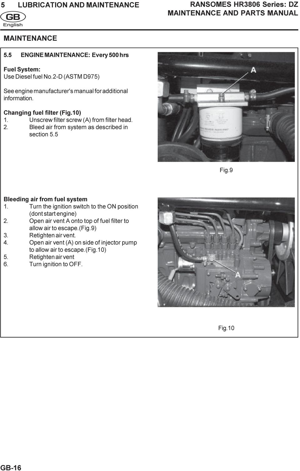 Bleed air from system as described in section 5.5 Fig.9 Bleeding air from fuel system 1. Turn the ignition switch to the ON position (dont start engine) 2.