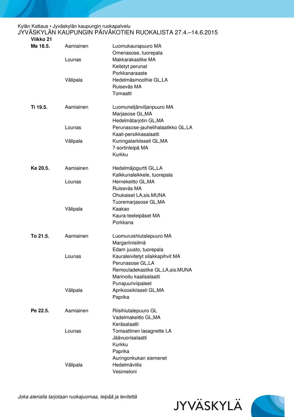 MUNA Marinoitu kaalisalaatti Punajuuriviipaleet Aprikoosikiisseli GL,MA Paprika Pe 22.5.