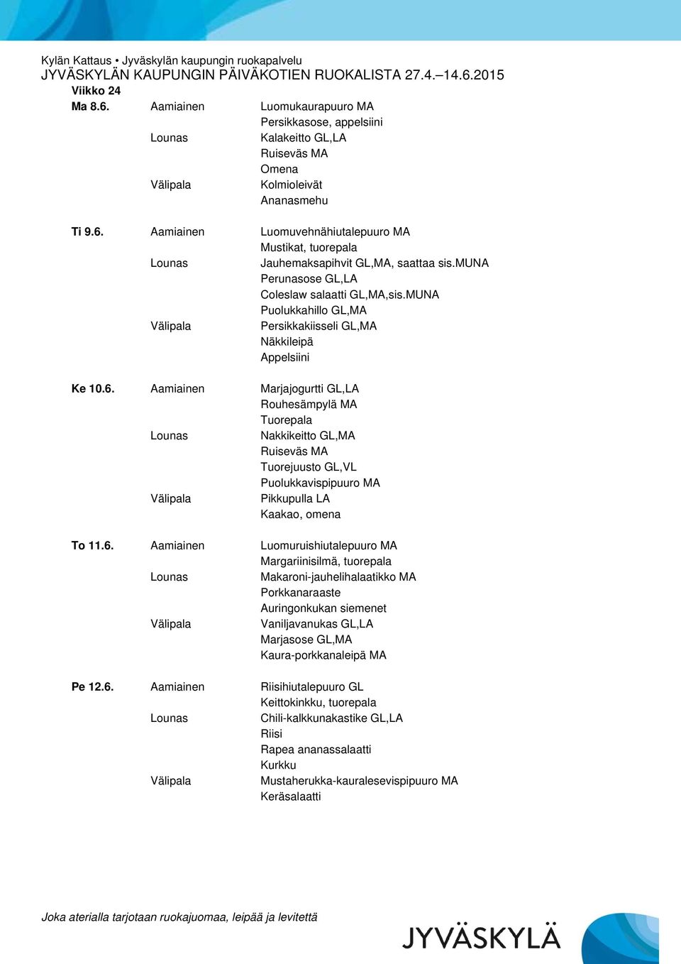 Aamiainen Marjajogurtti GL,LA Tuorepala Nakkikeitto GL,MA Tuorejuusto GL,VL Puolukkavispipuuro MA Pikkupulla LA Kaakao, omena To 11.6.