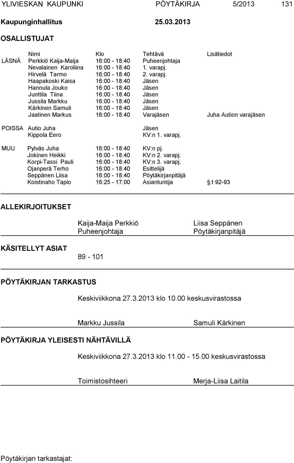 Haapakoski Kaisa 16:00-18:40 Jäsen Hannula Jouko 16:00-18:40 Jäsen Junttila Tiina 16:00-18:40 Jäsen Jussila Markku 16:00-18:40 Jäsen Kärkinen Samuli 16:00-18:40 Jäsen Jaatinen Markus 16:00-18:40