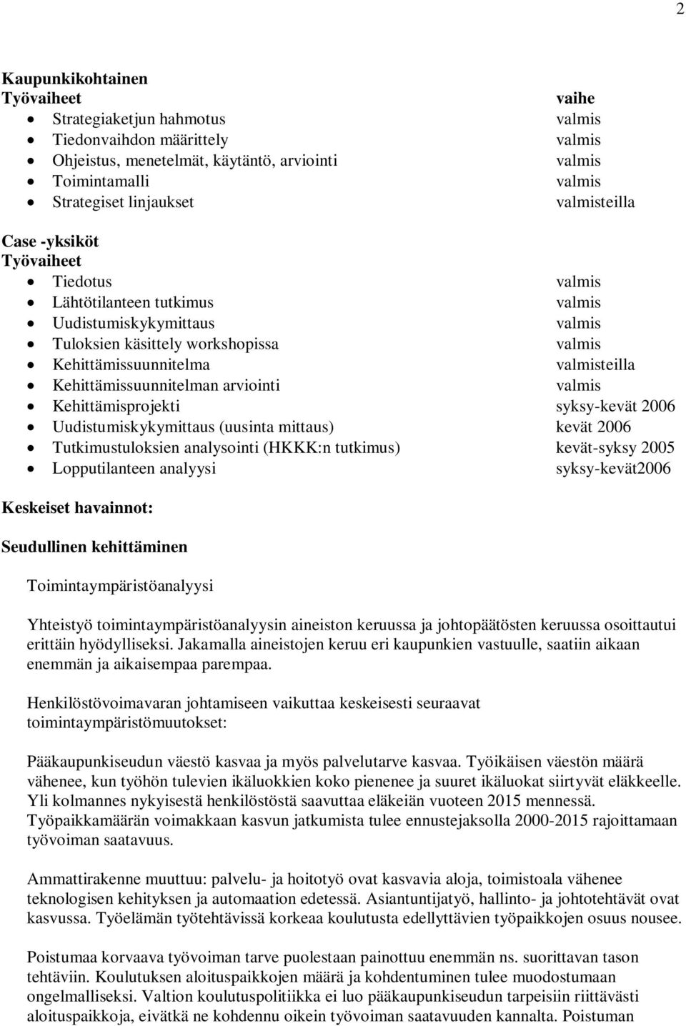 valmis Kehittämisprojekti syksy-kevät 2006 Uudistumiskykymittaus (uusinta mittaus) kevät 2006 Tutkimustuloksien analysointi (HKKK:n tutkimus) kevät-syksy 2005 Lopputilanteen analyysi syksy-kevät2006