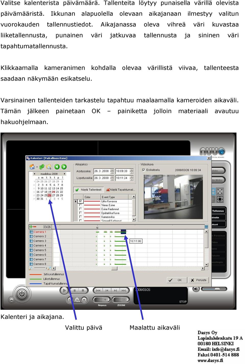 Aikajanassa oleva vihreä väri kuvastaa liiketallennusta, punainen väri jatkuvaa tallennusta ja sininen väri tapahtumatallennusta.