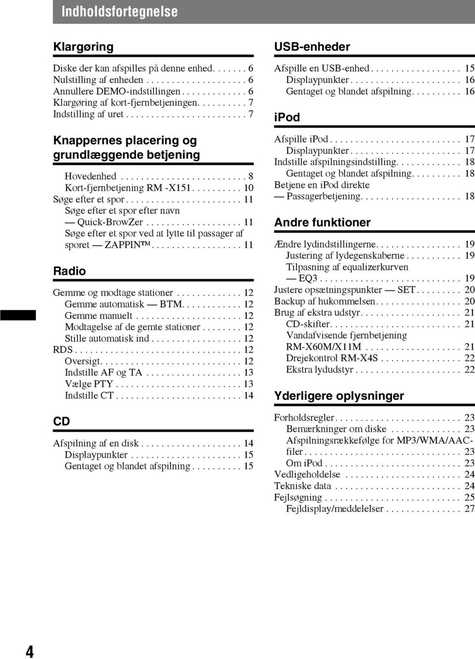 ...................... 11 Søge efter et spor efter navn Quick-BrowZer................... 11 Søge efter et spor ved at lytte til passager af sporet ZAPPIN.................. 11 Radio Gemme og modtage stationer.