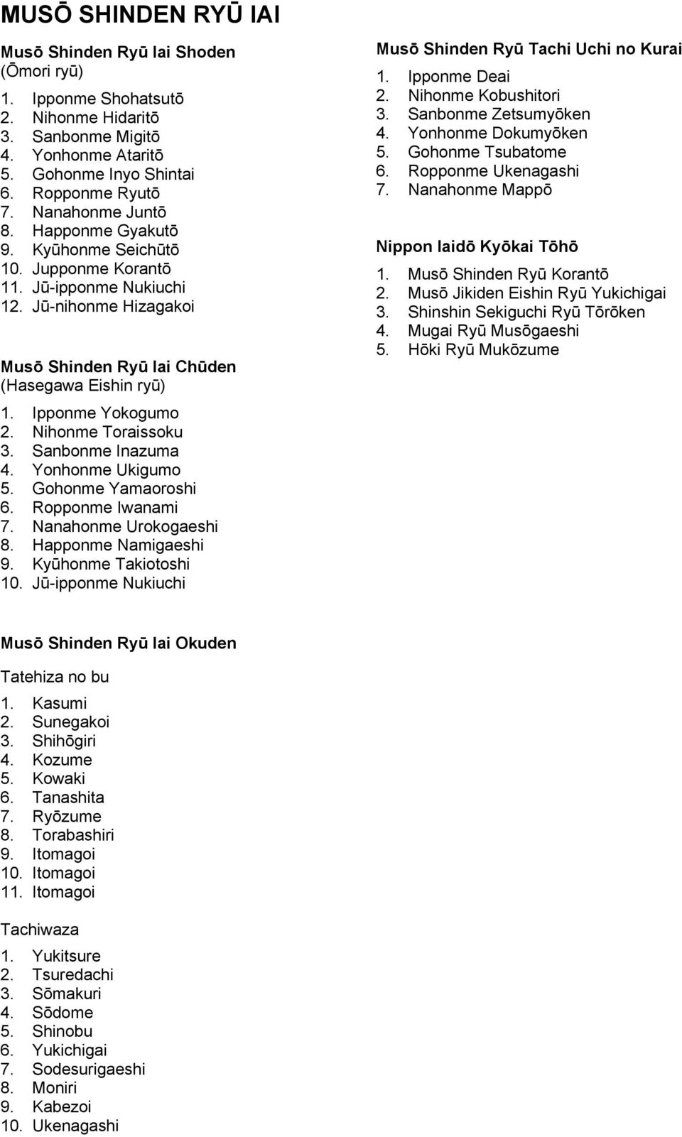 Nihonme Toraissoku 3. Sanbonme Inazuma 4. Yonhonme Ukigumo 5. Gohonme Yamaoroshi 6. Ropponme Iwanami 7. Nanahonme Urokogaeshi 8. Happonme Namigaeshi 9. Kyūhonme Takiotoshi 10.