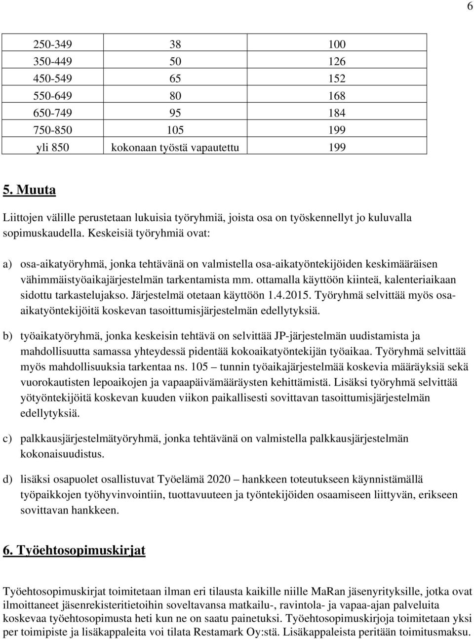 Keskeisiä työryhmiä ovat: a) osa-aikatyöryhmä, jonka tehtävänä on valmistella osa-aikatyöntekijöiden keskimääräisen vähimmäistyöaikajärjestelmän tarkentamista mm.