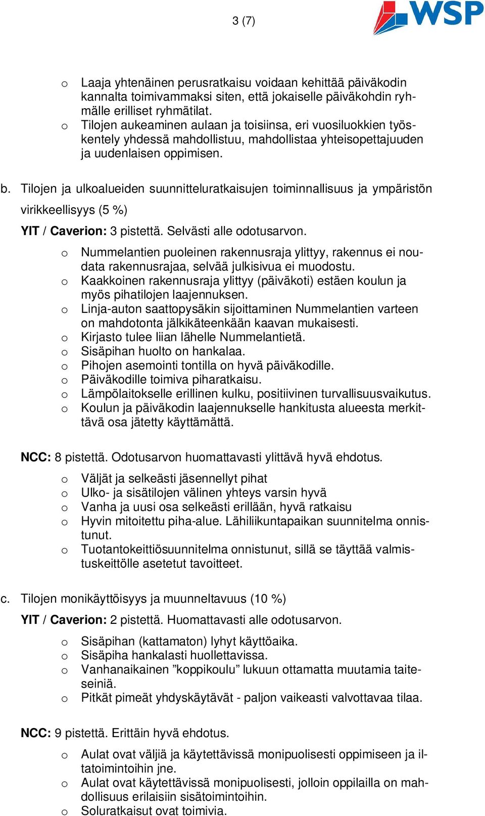 Tilojen ja ulkoalueiden suunnitteluratkaisujen toiminnallisuus ja ympäristön virikkeellisyys (5 %) YIT / Caverion: 3 pistettä. Selvästi alle odotusarvon.