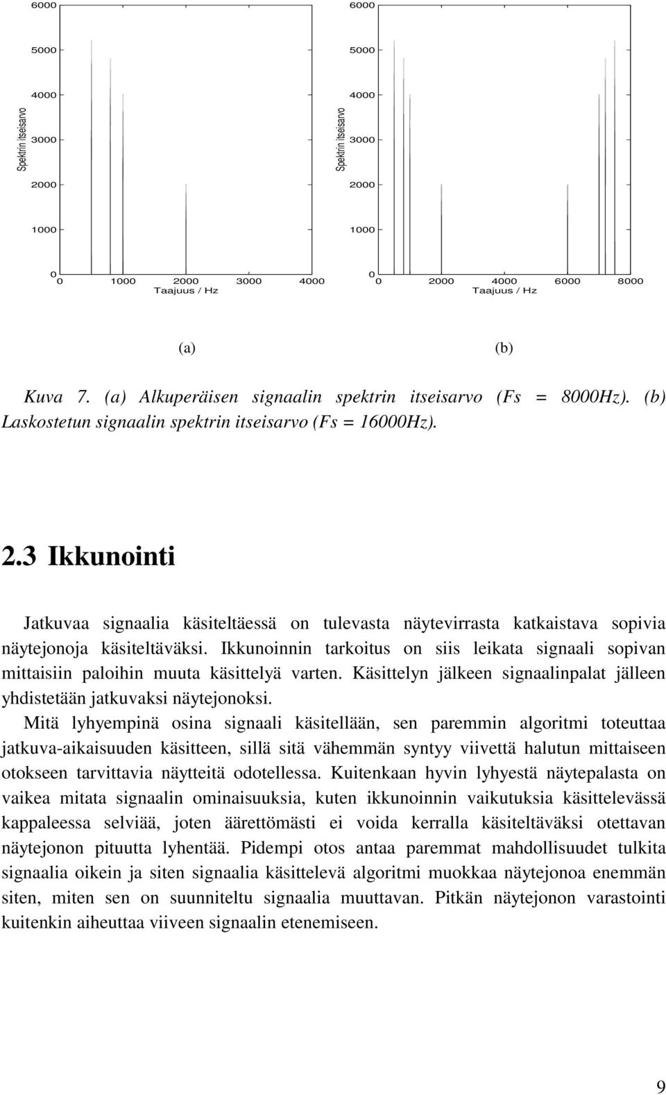 3 Ikkunointi Jatkuvaa signaalia käsiteltäessä on tulevasta näytevirrasta katkaistava sopivia näytejonoja käsiteltäväksi.