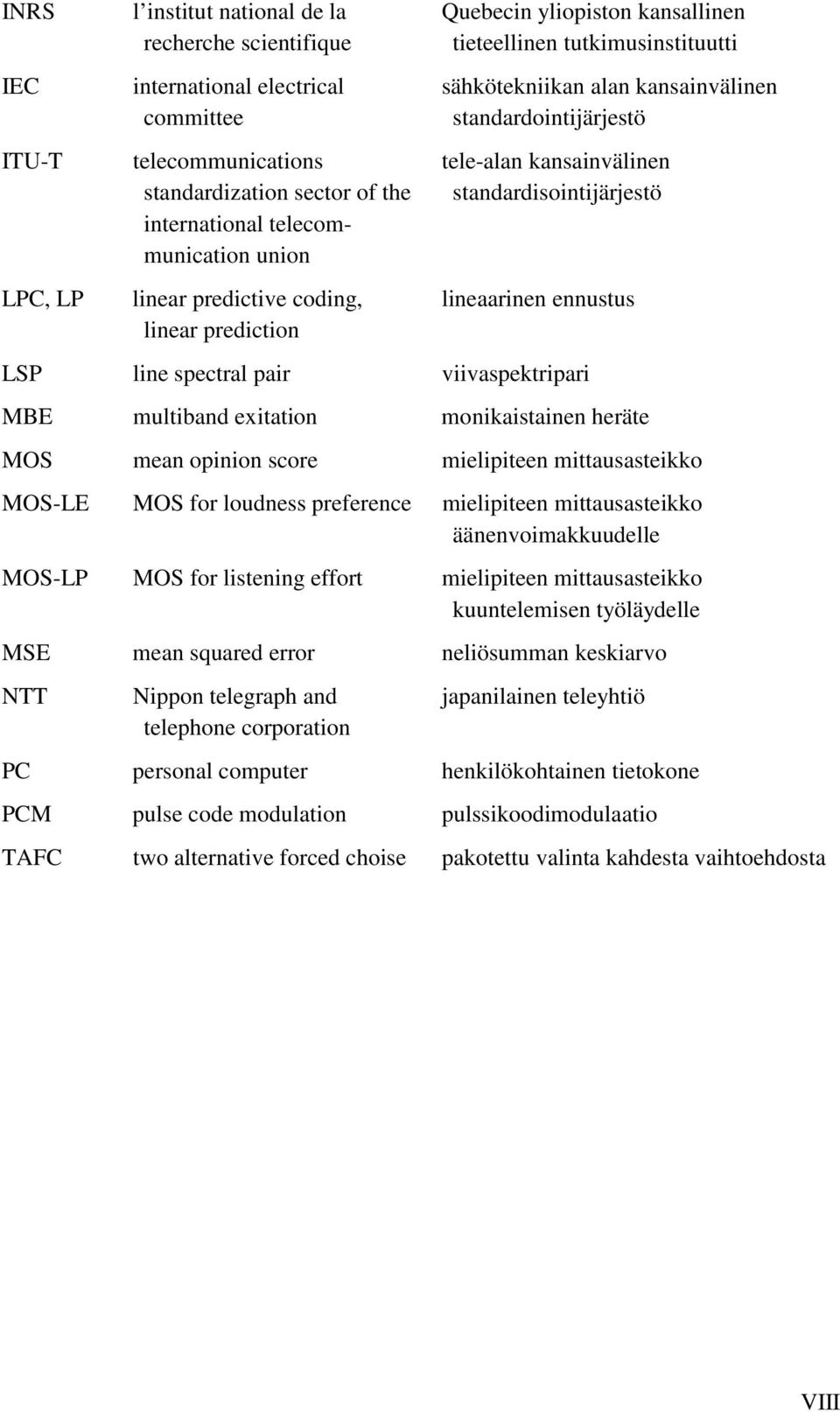 standardisointijärjestö lineaarinen ennustus LSP line spectral pair viivaspektripari MBE multiband exitation monikaistainen heräte MOS mean opinion score mielipiteen mittausasteikko MOS-LE MOS for