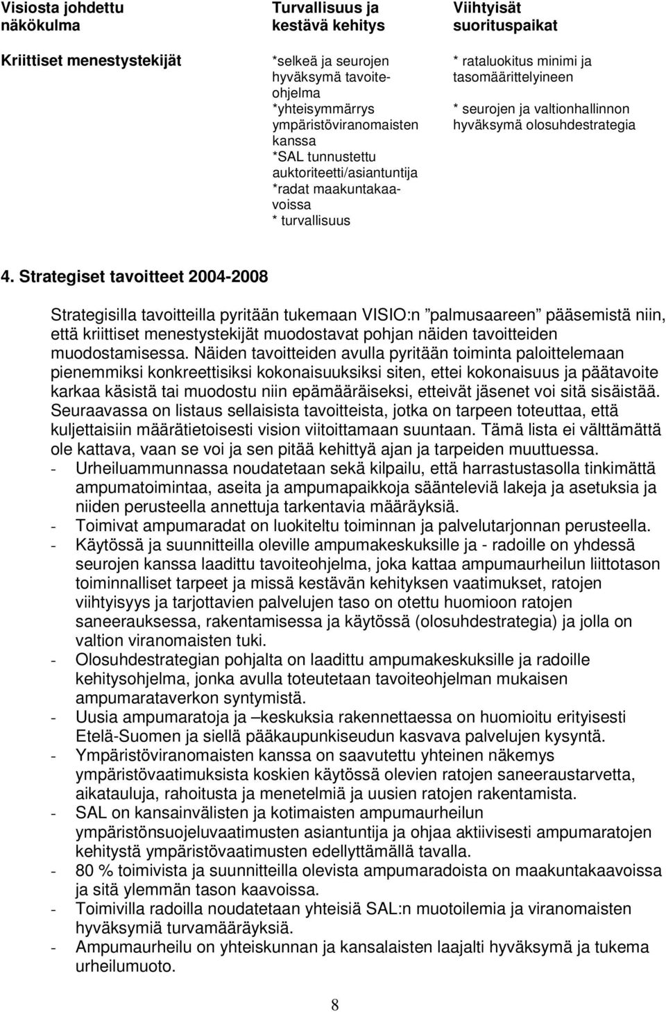 Strategiset tavoitteet 2004-2008 Strategisilla tavoitteilla pyritään tukemaan VISIO:n palmusaareen pääsemistä niin, että kriittiset menestystekijät muodostavat pohjan näiden tavoitteiden