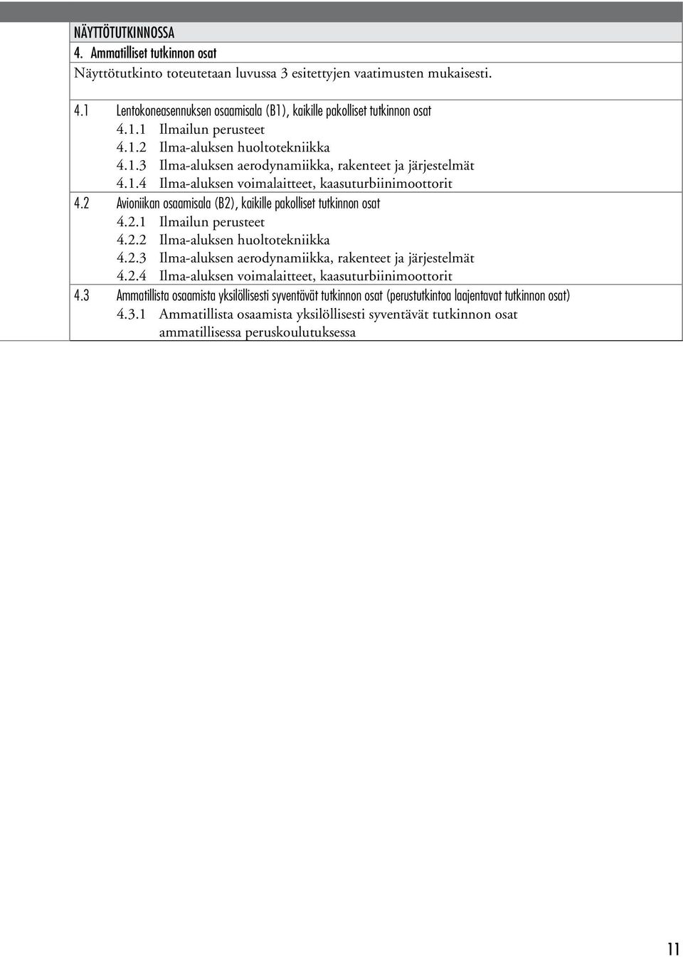 2 Avioniikan osaamisala (B2), kaikille pakolliset tutkinnon osat 4.2.1 Ilmailun perusteet 4.2.2 Ilma-aluksen huoltotekniikka 4.2.3 Ilma-aluksen aerodynamiikka, rakenteet ja järjestelmät 4.2.4 Ilma-aluksen voimalaitteet, kaasuturbiinimoottorit 4.