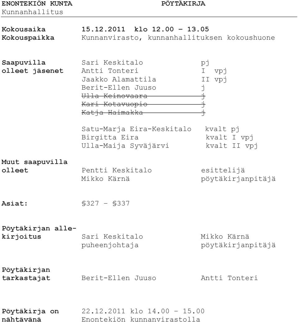 Keinovaara j Kari Kotavuopio j Katja Haimakka j Satu-Marja Eira-Keskitalo Birgitta Eira Ulla-Maija Syväjärvi kvalt pj kvalt I vpj kvalt II vpj Muut saapuvilla olleet Pentti