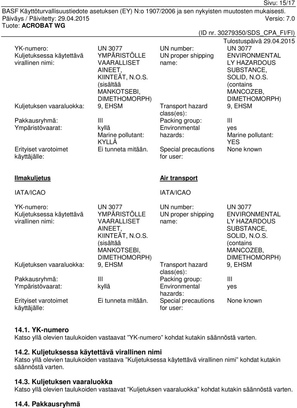 Environmental hazards: YES Erityiset varotoimet käyttäjälle: Ei tunneta mitään.