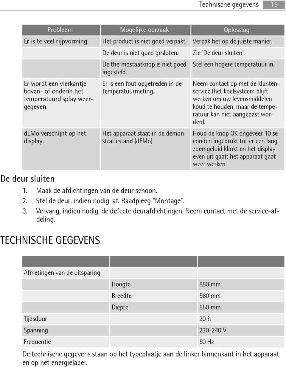 Er is een fout opgetreden in de temperatuurmeting. Het apparaat staat in de demonstratiestand (demo) Zie 'De deur sluiten'. Stel een hogere temperatuur in.