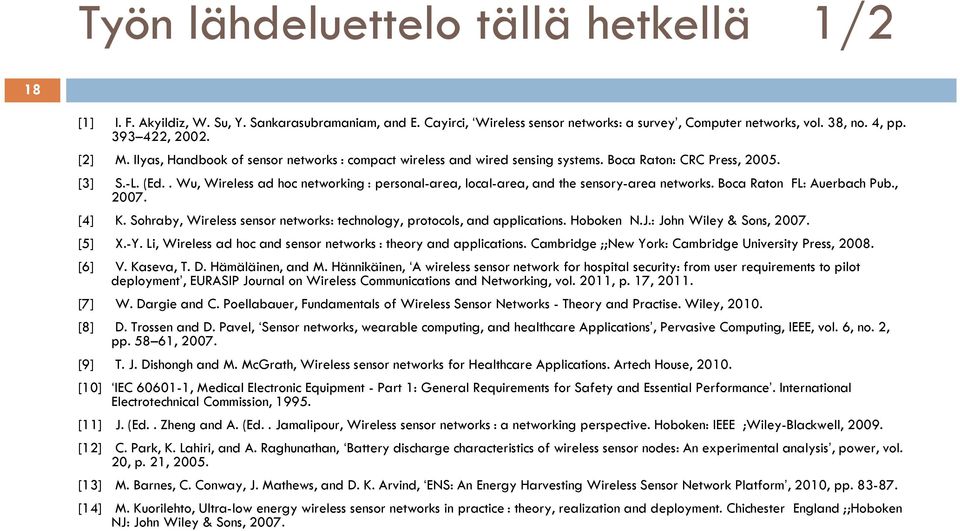 . Wu, Wireless ad hoc networking : personal-area, local-area, and the sensory-area networks. Boca Raton FL: Auerbach Pub., 2007. [4] K.