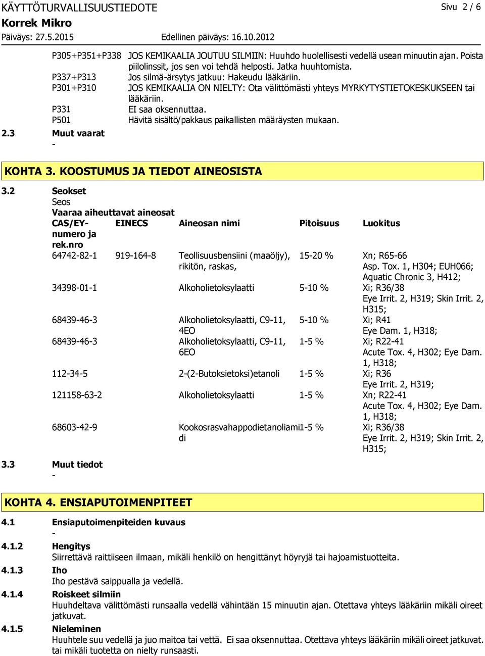 EI saa oksennuttaa. Hävitä sisältö/pakkaus paikallisten määräysten mukaan. KOHTA 3. KOOSTUMUS JA TIEDOT AINEOSISTA 3.2 Seokset Seos Vaaraa aiheuttavat aineosat CAS/EYnumero ja rek.