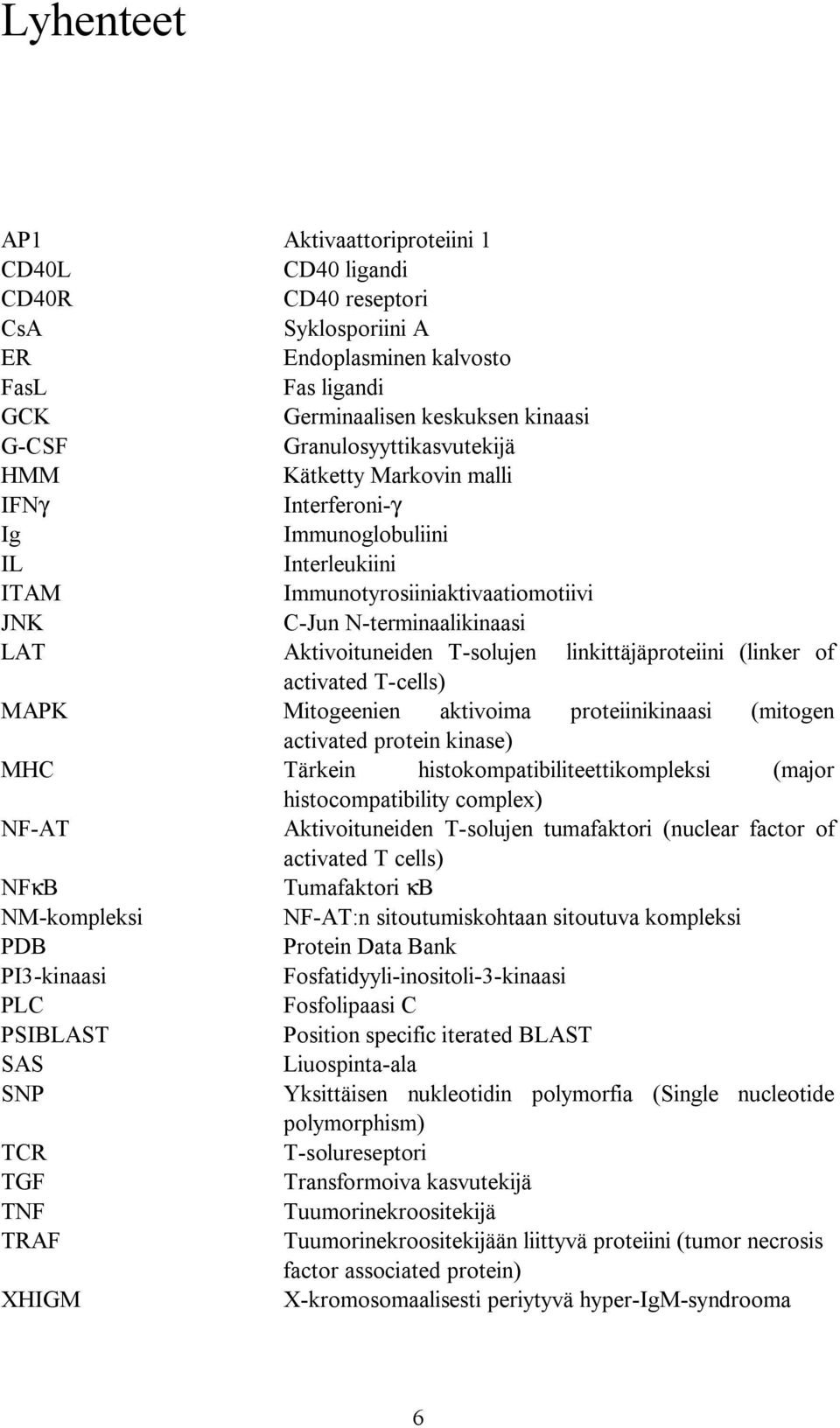 solujen linkittäjäproteiini (linker of activated T cells) MAPK Mitogeenien aktivoima proteiinikinaasi (mitogen activated protein kinase) MHC Tärkein histokompatibiliteettikompleksi (major