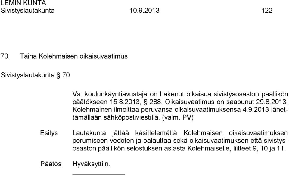 288. Oikaisuvaatimus on saapunut 29.8.2013. Kolehmainen ilmoittaa peruvansa oikaisuvaatimuksensa 4.9.2013 lähettämällään sähköpostiviestillä.