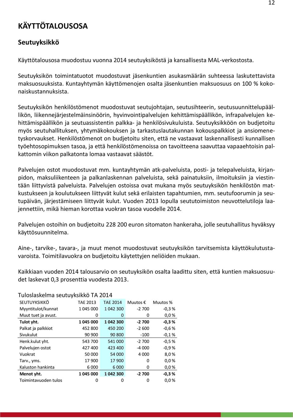 Seutuyksikön henkilöstömenot muodostuvat seutujohtajan, seutusihteerin, seutusuunnittelupäällikön, liikennejärjestelmäinsinöörin, hyvinvointipalvelujen kehittämispäällikön, infrapalvelujen