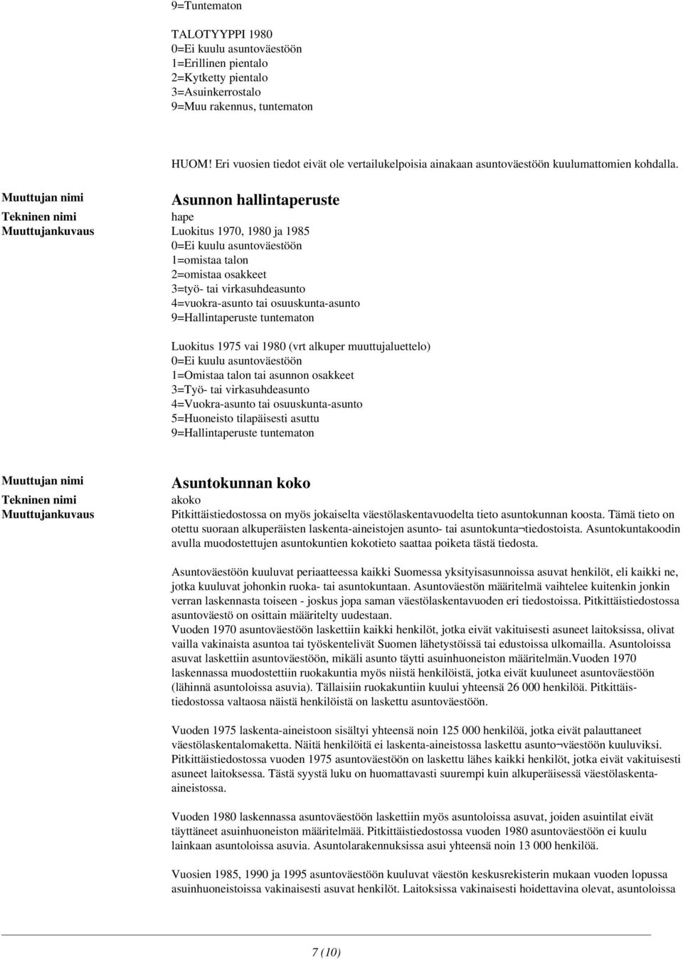 Asunnon hallintaperuste hape Luokitus 1970, 1980 ja 1985 0=Ei kuulu asuntoväestöön 1=omistaa talon 2=omistaa osakkeet 3=työ- tai virkasuhdeasunto 4=vuokra-asunto tai osuuskunta-asunto