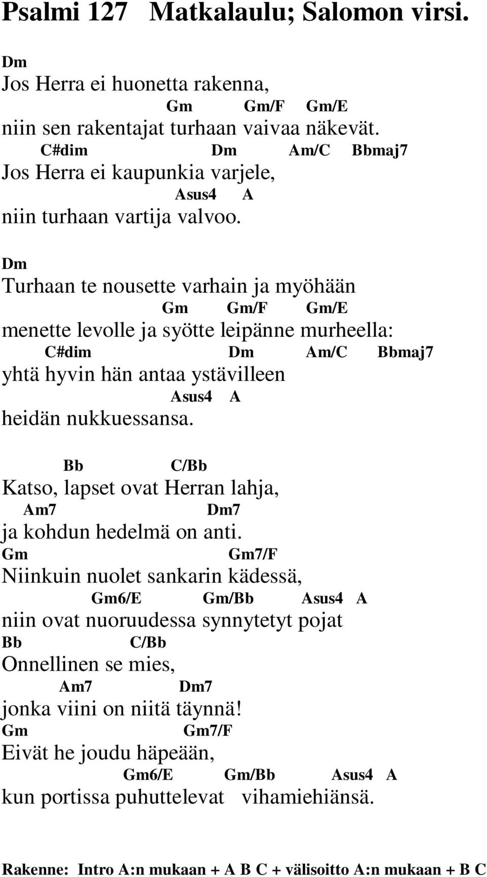 Dm Turhaan te nousette varhain ja myöhään Gm Gm/F Gm/E menette levolle ja syötte leipänne murheella: C#dim Dm Am/C Bbmaj7 yhtä hyvin hän antaa ystävilleen Asus4 A heidän nukkuessansa.