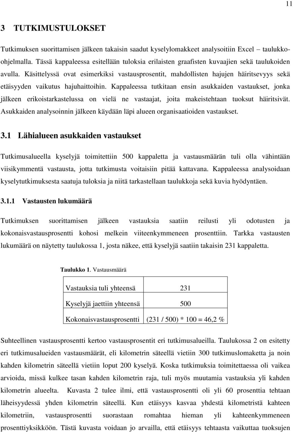 Käsittelyssä ovat esimerkiksi vastausprosentit, mahdollisten hajujen häiritsevyys sekä etäisyyden vaikutus hajuhaittoihin.