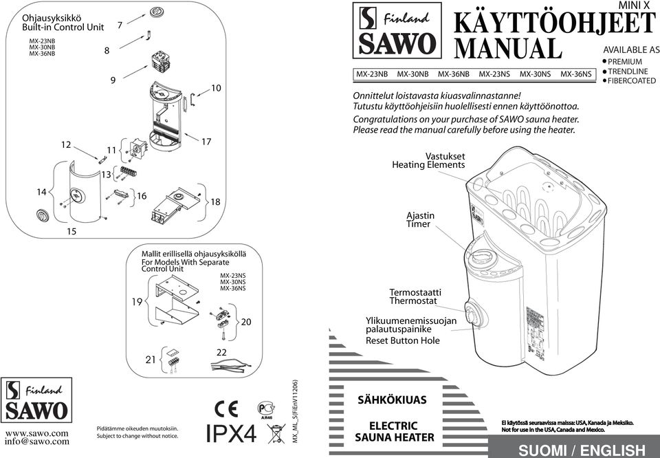 Vastukset Heating Elements MINI X AVAILABLE AS PREMIUM TRENDLINE FIBERCOATED 1 15 1 18 Ajastin Timer Mallit erillisellä ohjausyksiköllä For Models With Separate Control Unit MX-NS MX-0NS MX-NS