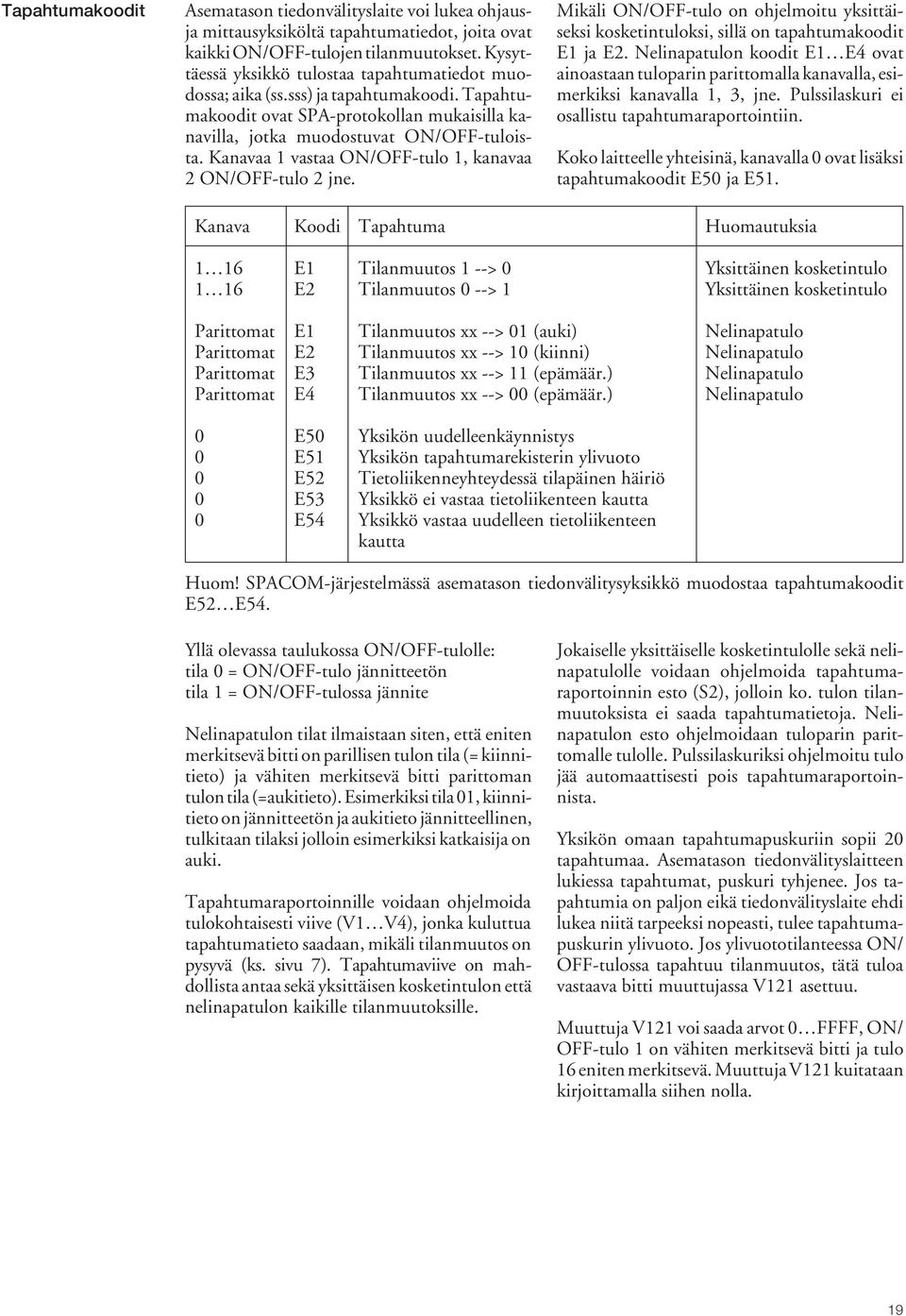 Kanavaa 1 vastaa ON/OFFtulo 1, kanavaa 2 ON/OFFtulo 2 jne. Mikäli ON/OFFtulo on ohjelmoitu yksittäiseksi kosketintuloksi, sillä on tapahtumakoodit E1 ja E2.