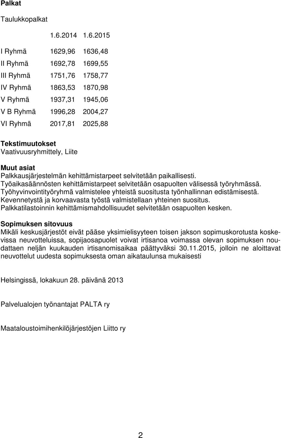 2015 I Ryhmä 1629,96 1636,48 II Ryhmä 1692,78 1699,55 III Ryhmä 1751,76 1758,77 IV Ryhmä 1863,53 1870,98 V Ryhmä 1937,31 1945,06 V B Ryhmä 1996,28 2004,27 VI Ryhmä 2017,81 2025,88 Tekstimuutokset